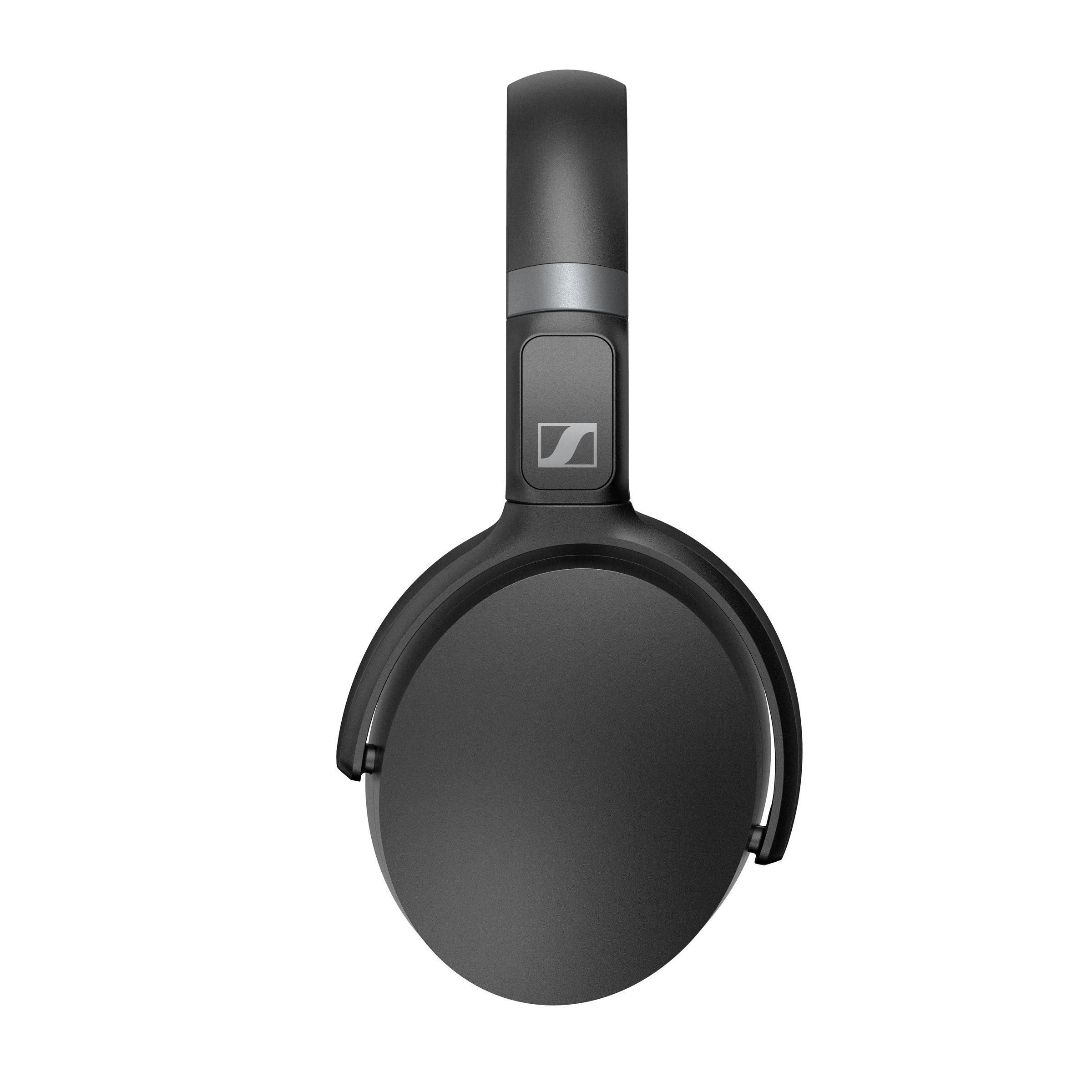 Black headphones with Sennheiser logo on a white background